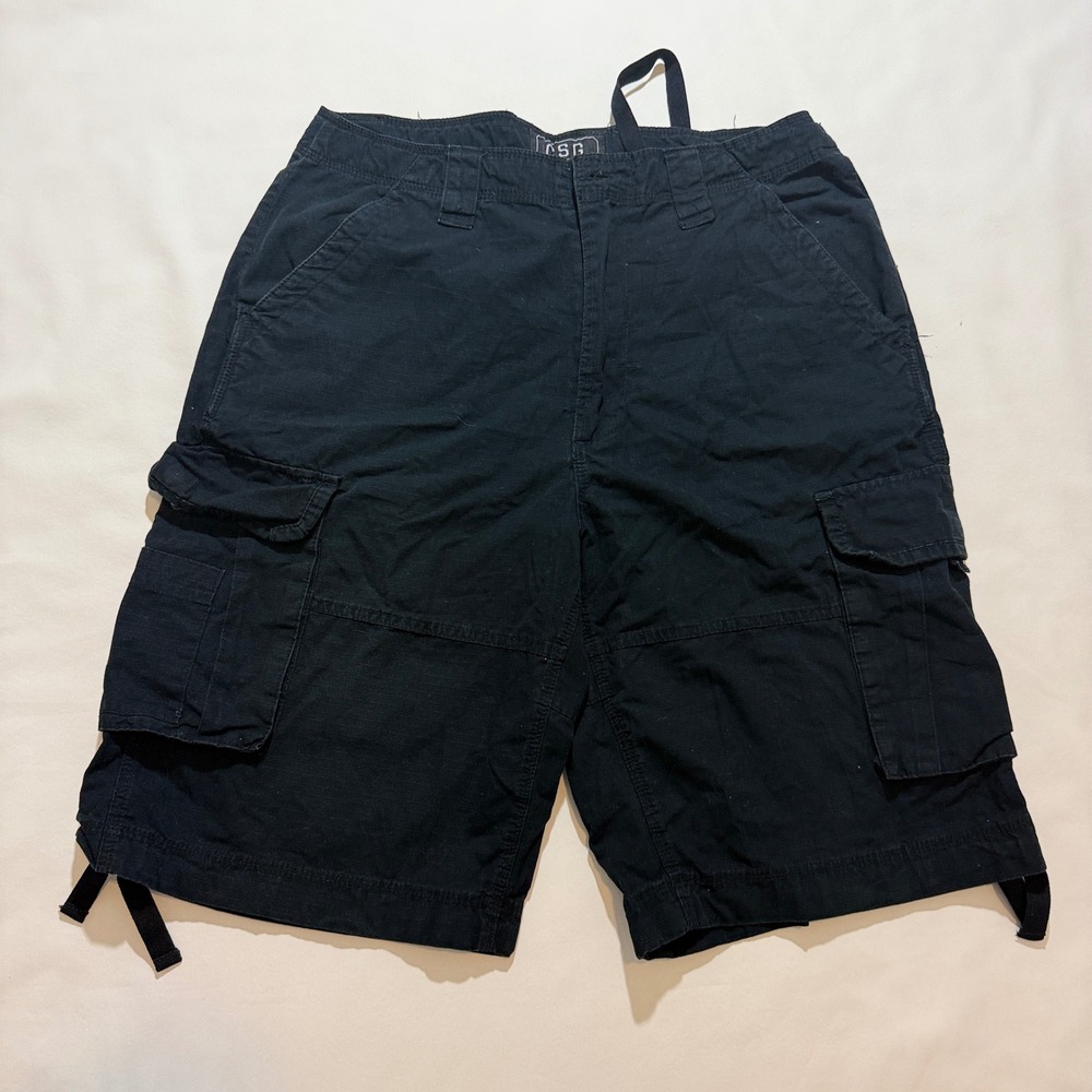 CSG Cargo Shorts Men 32 Black Ripstop Utility Multi Pocket Drawstring Hem